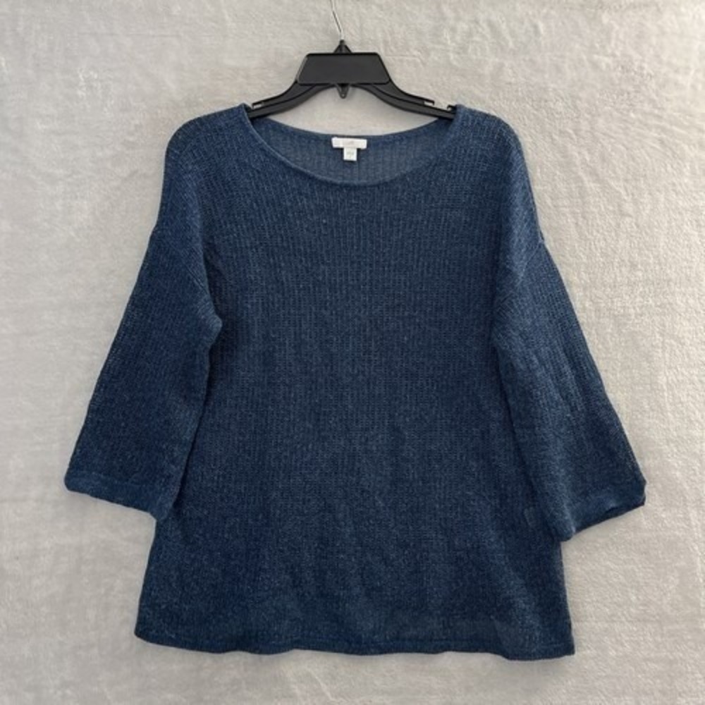J Jill Top Blue Small Linen Blend Mesh Open Knit  Pullover Looose Laglen relaxed
